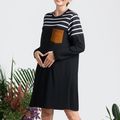 Nursing Striped Colorblock Pocket Patched Long-sleeve Tunic Dress Black