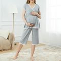 Maternity Lace Trim Short-sleeve Tee & Bermuda Shorts Pajamas Lounge Set Grey