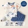 100% Cotton Baby Starfish Allover Short-sleeve White T-shirt Top and Blue Shorts Set White