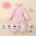 Baby Girl 100% Cotton Floral Ruffle and Bow Decor Long-sleeve Pink Jumpsuit with Headband Set Pink image 1