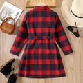 Kid Girl Christmas Lapel Collar Button Design Long-sleeve Belted Plaid Dress Red image 2