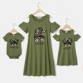 Mommy and Me Figure & Letter Print Army Green Cold Shoulder Short-sleeve T-shirt Dress Army green