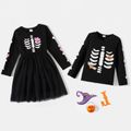 Halloween Skeleton Print Black Sibling Matching Long-sleeve Set Black