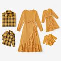 Family Matching Long-sleeve Solid Surplice Neck Belted Ruffle Trim Dresses and Plaid Shirts Sets Yellow