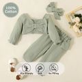Baby Girl 100% Cotton 3pcs Solid Bow Decor Long-sleeve Top and Pants with Headband Set Light Green