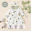 Baby Girl 2pcs Elephant Allover Doll Collar Long-sleeve White Dress with Headband Set Pale Green image 1