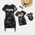 Mommy and Me 95% Cotton Short-sleeve Letter Print Tie Dye Drawstring Ruched Bodycon Dress Colorful