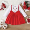 Christmas Baby Girl 95% Cotton Long-sleeve Deer & Letter Print Spliced Solid Bow Front Dress ColorBlock