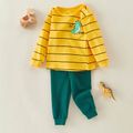 Toddler 2pcs Dinosaur Print Striped Long-sleeve Top and Solid Pants Home Set Ginger