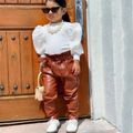 Toddler Girl 2pcs Solid Ribbed Long-sleeve White Top and Brown Leather Pants Set White