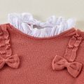 Toddler Girl Faux-two Ruffle and Bow Decor Mesh Layered Long-sleeve Pink or Ginger or Coral Dress coralred