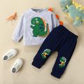 Baby Boy 2pcs Dinosaur 3D Serration Decor Long-sleeve Grey Pullover Top and Dark Blue Pants Set Grey