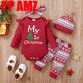 Christmas Baby 3pcs Tree and Letter Print Red Long-sleeve Romper and Pants Set Red
