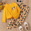 2pcs Kid Girl Pocket Design Twist Knot Long-sleeve Tee and Floral Print Leggings Set Ginger image 1