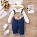 2pcs Baby Boy/Girl 100% Cotton Bear Embroidered Denim Overalls Solid Long-sleeve 3D Ears Hoodie Set Apricot image 2
