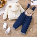 2pcs Baby Boy/Girl 100% Cotton Bear Embroidered Denim Overalls Solid Long-sleeve 3D Ears Hoodie Set Apricot image 1