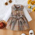 Baby Girl Faux-two Plaid Lapel Collar Belt Decor Long-sleeve Khaki Dress Multi-color