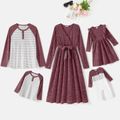 Family Matching Solid Rib Knit Surplice Neck Belted Long-sleeve Midi Dresses and Button Front Raglan-sleeve Striped Tops Set deeppurple