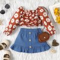 2pcs Baby Girl Allover Daisy Floral Print Off Shoulder Long-sleeve Ruched Crop Top and Button Front Ruffle Skirt Set Brown image 1