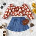 2pcs Baby Girl Allover Daisy Floral Print Off Shoulder Long-sleeve Ruched Crop Top and Button Front Ruffle Skirt Set Brown image 2