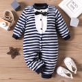 Baby Moustache Allover or Striped Bow Tie Decor Fluffy Long-sleeve Jumpsuit Dark Blue