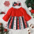 Christmas 2pcs Baby Girl Frill Off Shoulder Bell-sleeve Solid Spliced Print Dress with Headband Set Red-2 image 2