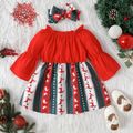 Christmas 2pcs Baby Girl Frill Off Shoulder Bell-sleeve Solid Spliced Print Dress with Headband Set Red-2 image 1