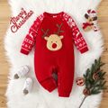 Christmas Baby Boy/Girl Deer Graphic Velvet Spliced Fleece Raglan-sleeve Jumpsuit Red