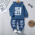 2pcs Toddler Boy Trendy Patchwork Ripped Denim Jeans and Letter Print Hoodie Sweatshirt Set Blue
