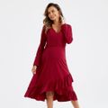 Maternity Ruffle Hem Red Long-sleeve Dress Burgundy
