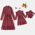 Mommy and Me Butterfly Embroidered Solid Mock Neck Long-sleeve Belted Ruffle Hem Midi Dress MAROON image 1