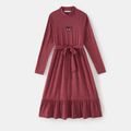 Mommy and Me Butterfly Embroidered Solid Mock Neck Long-sleeve Belted Ruffle Hem Midi Dress MAROON image 2