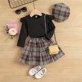 Toddler 3pcs Solid Ruffle Decor Long-sleeve T-shirt Top and Plaid Skirt with Hat Set Black