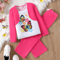 2pcs Kid Girl Faux-two Butterfly Print Long-sleeve Tee and Straight Pink Pants Set Hot Pink image 1
