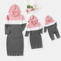Mommy and Me Colorblock Knitted 3/4 Sleeve Hooded Bodycon Dress Pink image 1