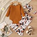3pcs Baby Girl Solid Rib Knit Bow Front Spaghetti Strap Long-sleeve Romper and Allover Print Flared Pants with Headband Set Brown image 2
