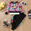 2pcs Toddler Girl Trendy Faux-two Letter Print Sweatshirt and Pants Set Multi-color image 1