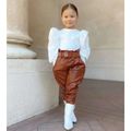 Toddler 2pcs Ribbed Solid Puff-sleeve Top and Leather Pants with Belt Set White