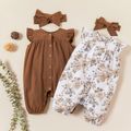 2pcs Baby Girl 100% Cotton Solid/Floral-print Flutter-sleeve Snap Romper with Headband Set White image 2