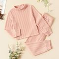 2pcs Kid Girl Solid Color Turtleneck Cable Knit Textured Sweatshirt and Pants Set Pink image 1