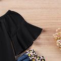 3-piece Baby Solid Flutter-sleeve Off Shoulder Top and Leopard Print Bowknot Nine-minute Jeans Set Black image 3