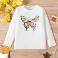 Kid Girl Butterfly Floral Print Cotton White Long-sleeve Tee White image 1