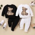 2pcs Baby Boy/Girl Long-sleeve Plaid Print Bear Embroidered Sweatshirt and Sweatpants Set OffWhite