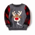Christmas Family Matching Plaid Long-sleeve Spliced Reindeer Graphic Textured Sweatshirts Dark Grey