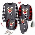 Christmas Family Matching Plaid Long-sleeve Spliced Reindeer Graphic Textured Sweatshirts Dark Grey image 1