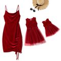 Mommy and Me Red Velvet Drawstring Ruched Spaghetti Strap Bodycon/Mesh Dresses WineRed image 1