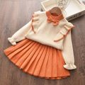 2pcs Baby Girl Bow Front Ruffle Trim Long-sleeve Knitted Sweater and Pleated Skirt Set Orange image 1