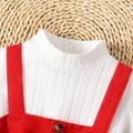 2pcs Kid Girl Valentine's Day Mock Neck Textured White Tee and Button Design Belted Corduroy Overall Dress Set Red image 5