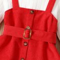 2pcs Kid Girl Valentine's Day Mock Neck Textured White Tee and Button Design Belted Corduroy Overall Dress Set Red image 4