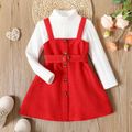 2pcs Kid Girl Valentine's Day Mock Neck Textured White Tee and Button Design Belted Corduroy Overall Dress Set Red image 1